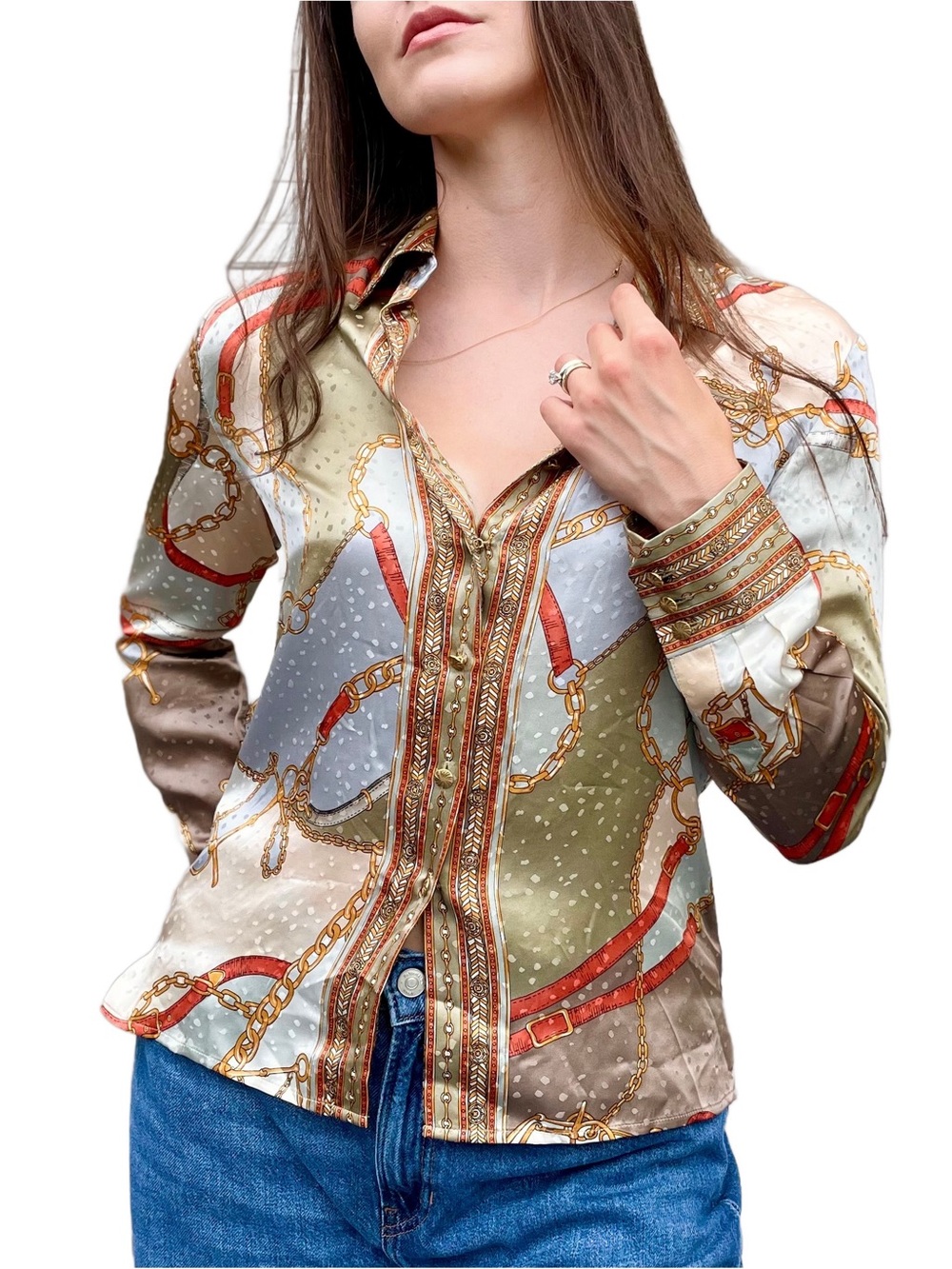 Talbots 100% Silk Button Down Preppy Equestrian Print Shirt Size 4